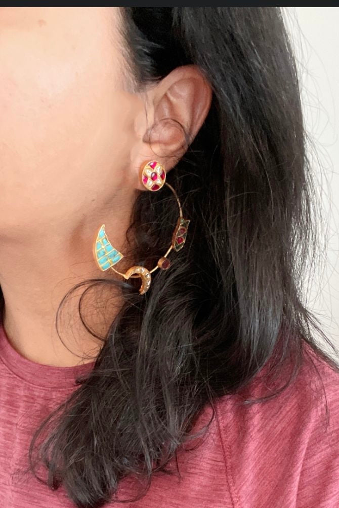 Contemporary Jadau Kundan Crescent Chandbaali - Turquoise