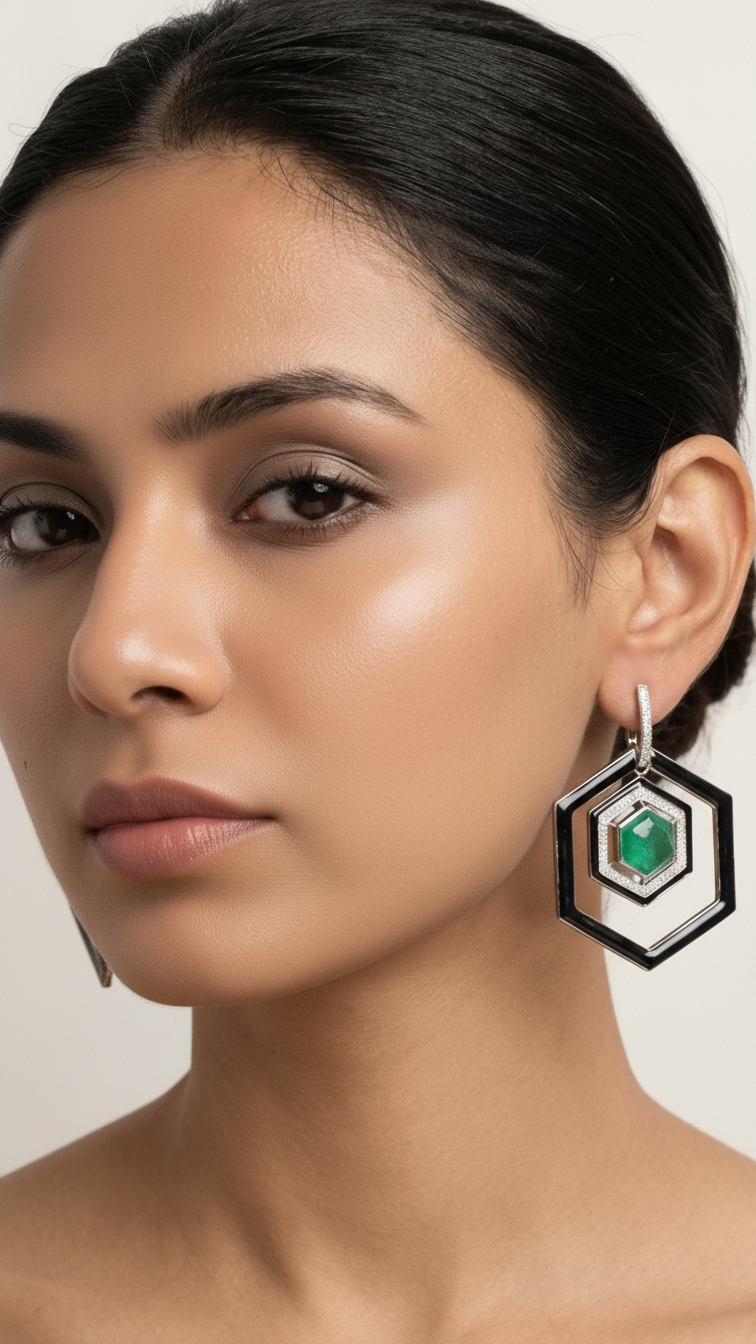 Hexagon Emerald Doublet & Enamel Earrings - Jade Green