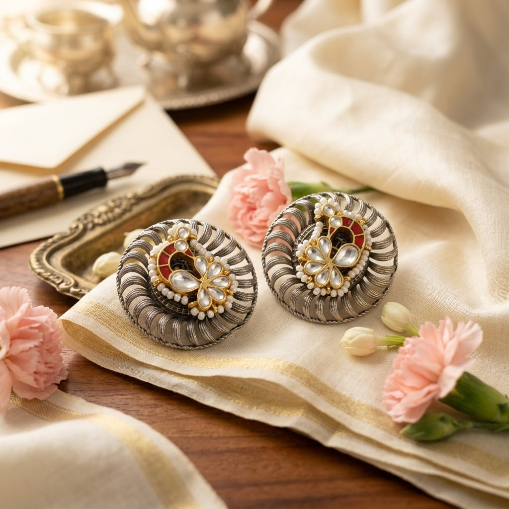 Fusion Kundan Peacock Studs - Coral