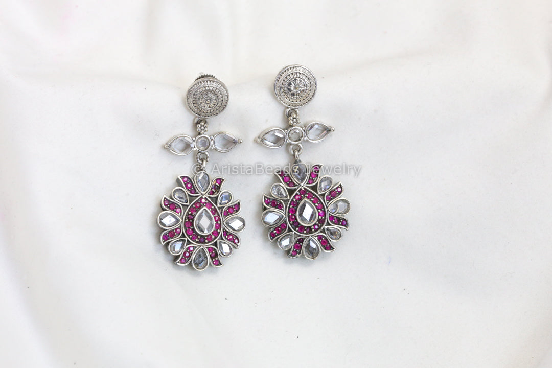 CZ Polki Silver Look Earrings - Clear Ruby