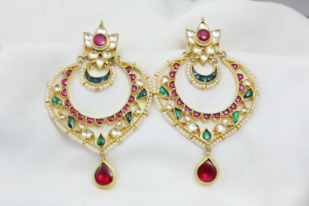 Large Pachi Kundan Chandbaali - Multi