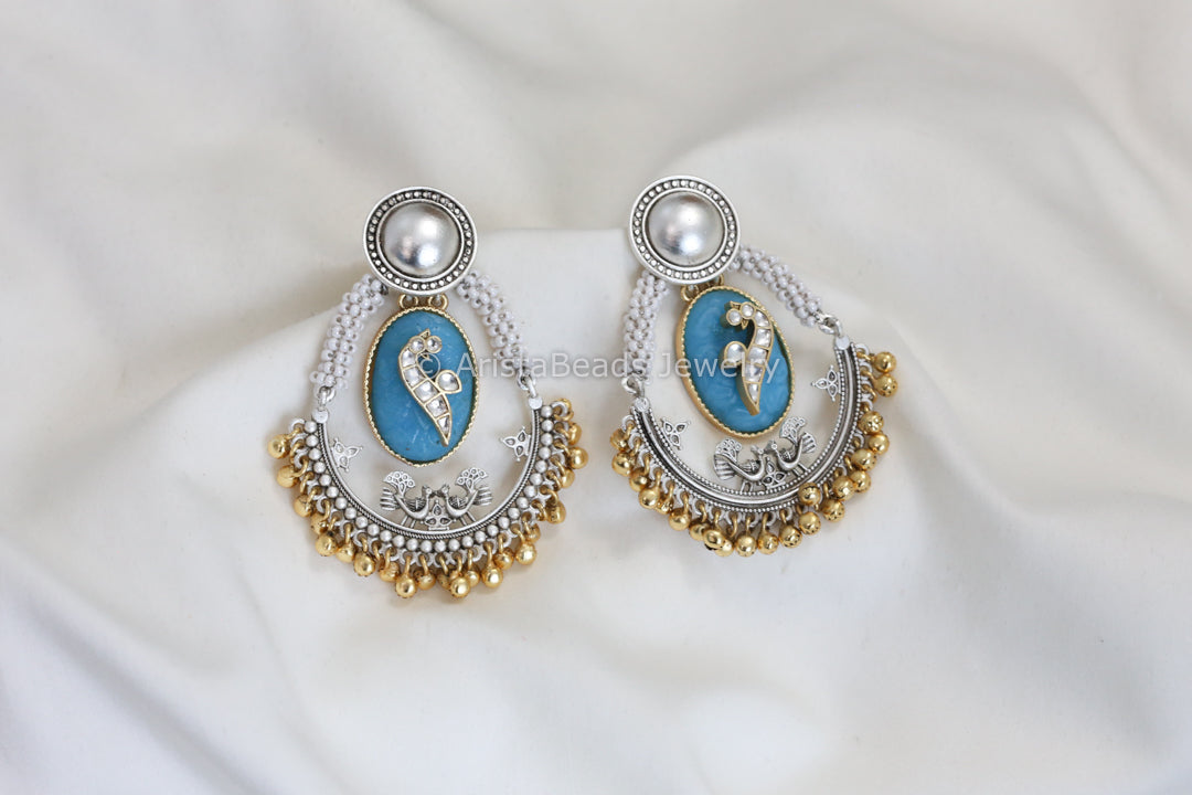 Dual Tone Carved Stone Earrings - Blue