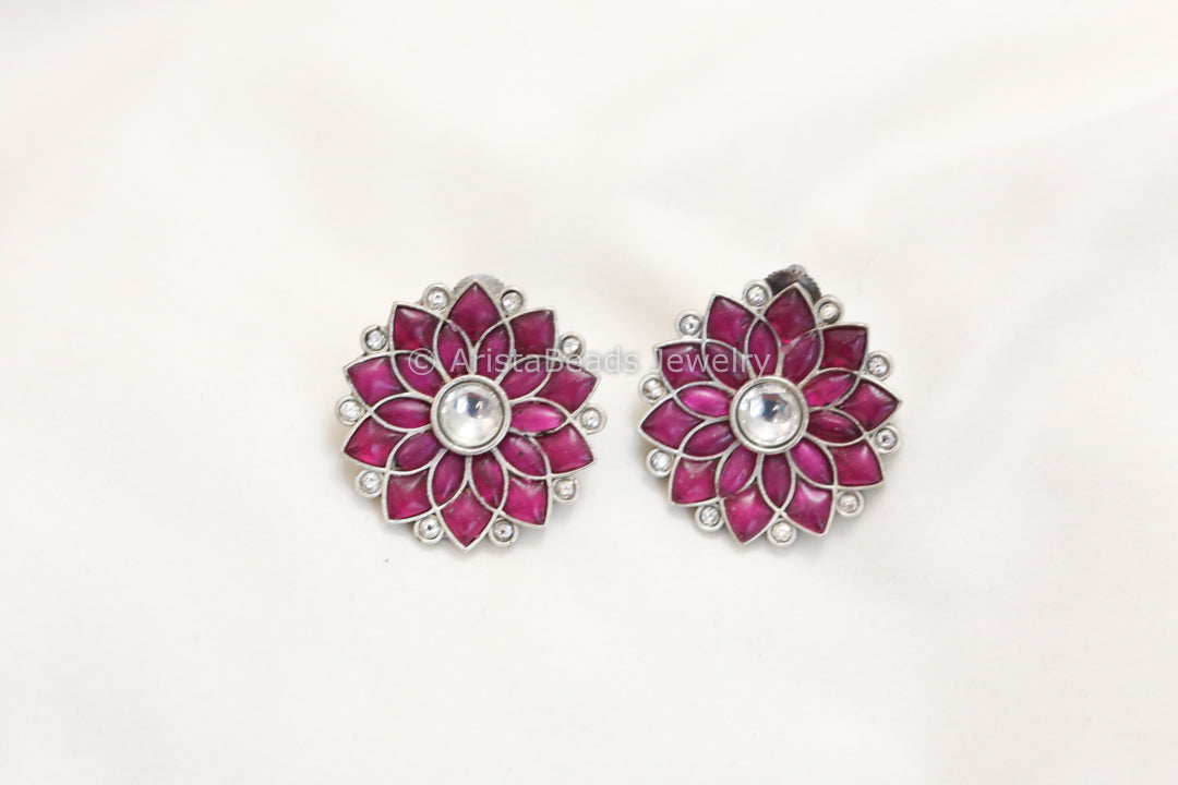 Jadau Kundan Silver Finish Studs - Ruby