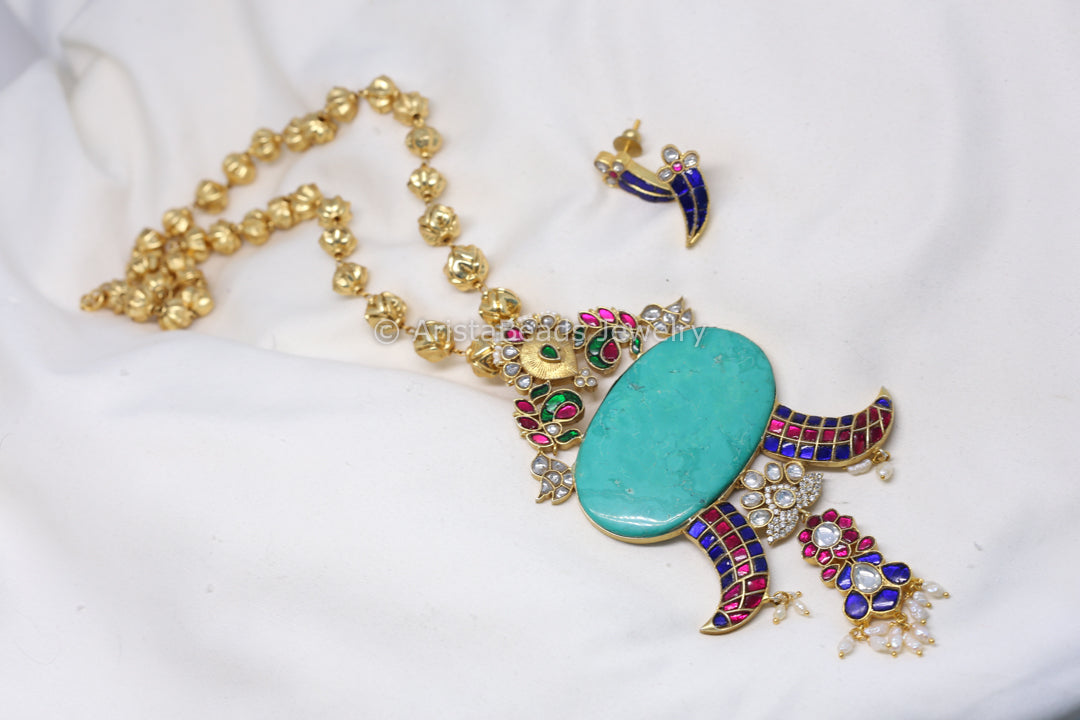 Jadau Fusion Pendant Necklace Set - Turquoise