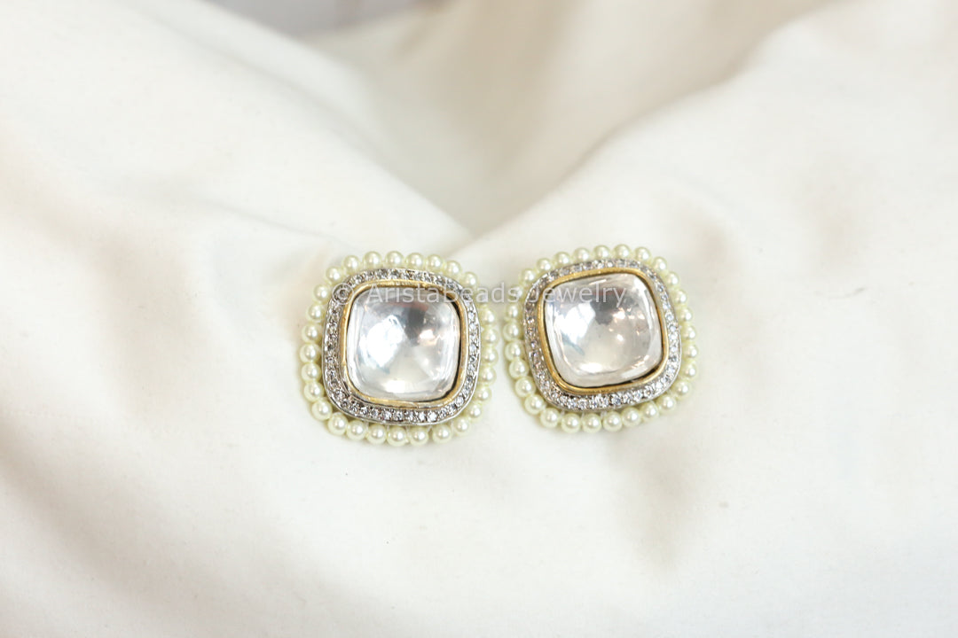 Large Uncut Polki & CZ Pearls Studs