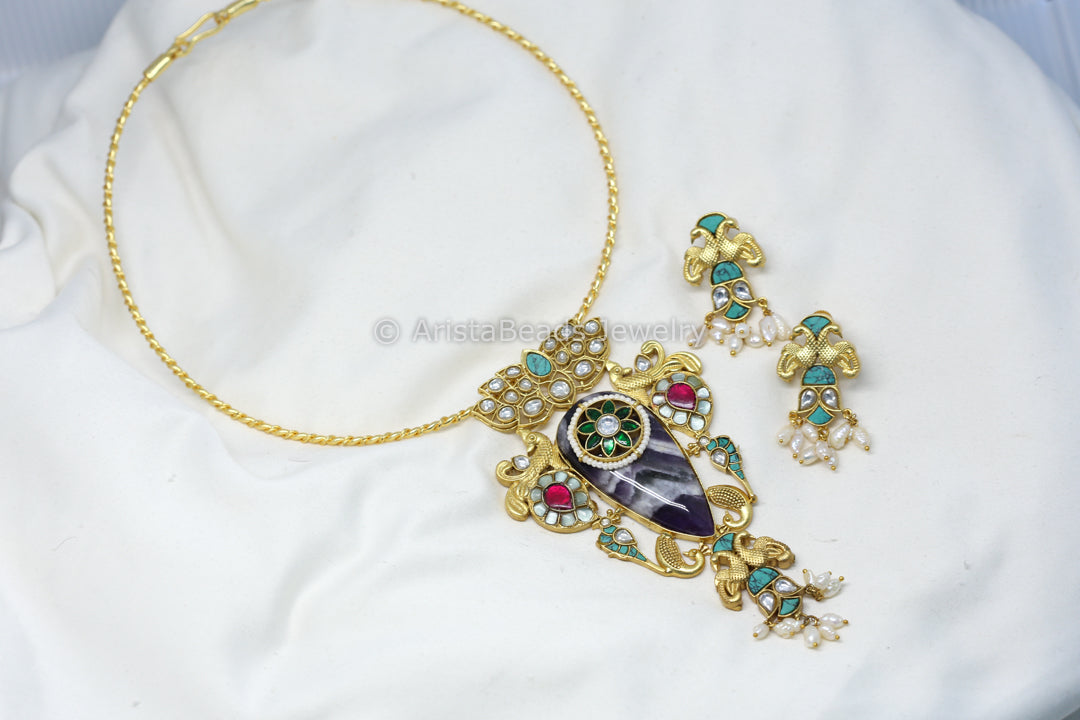 Mint Turquoise Jadau Fusion Necklace Set - Amethyst (Removable)