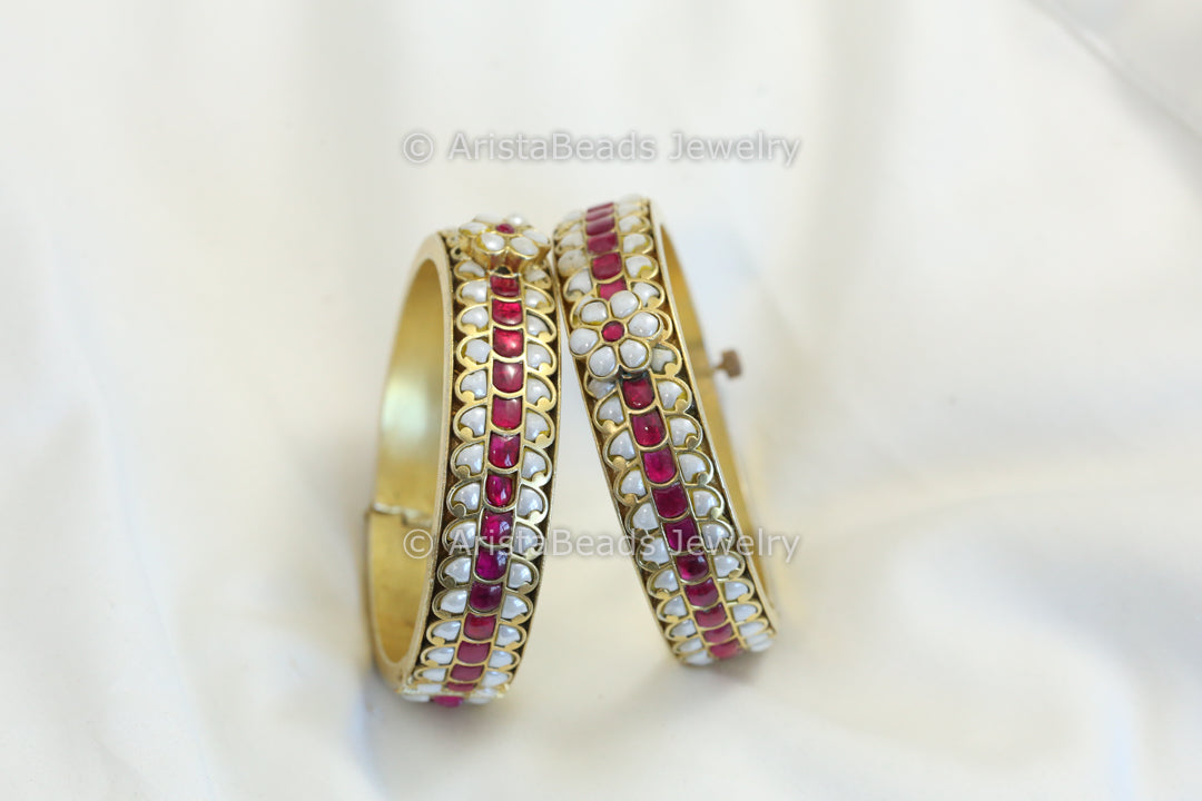 Antique Pearl Ruby Jadau Bangle Set (2.4 openable)- ABJ-B101-12