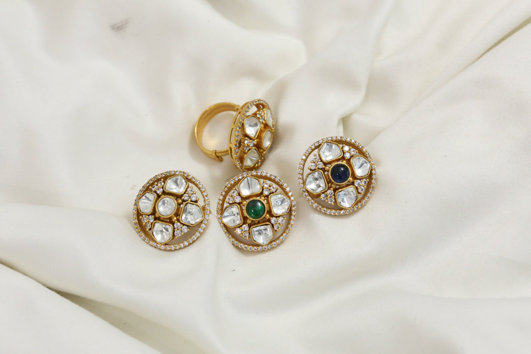 Kundan Polki Round Ring - Green