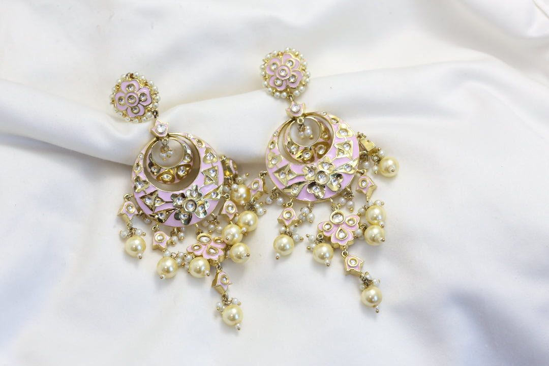 Jadau Polki Enamel Chandbaali -Pink