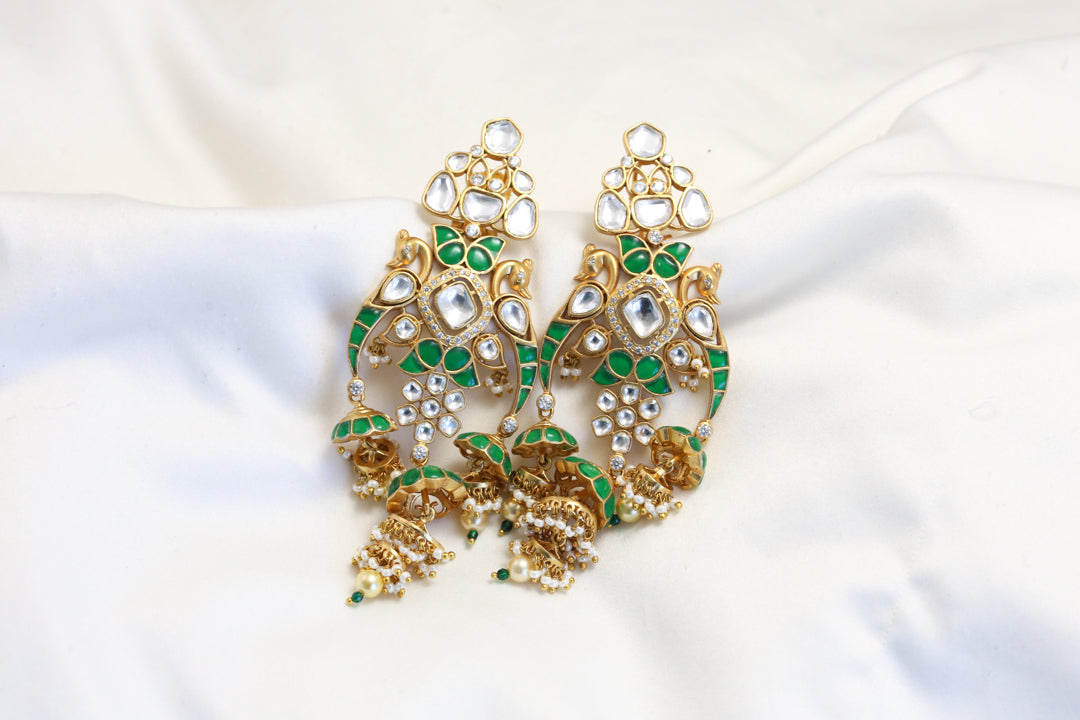 Premium 3 Tier Green Jadau & Uncut Kundan Jhumka