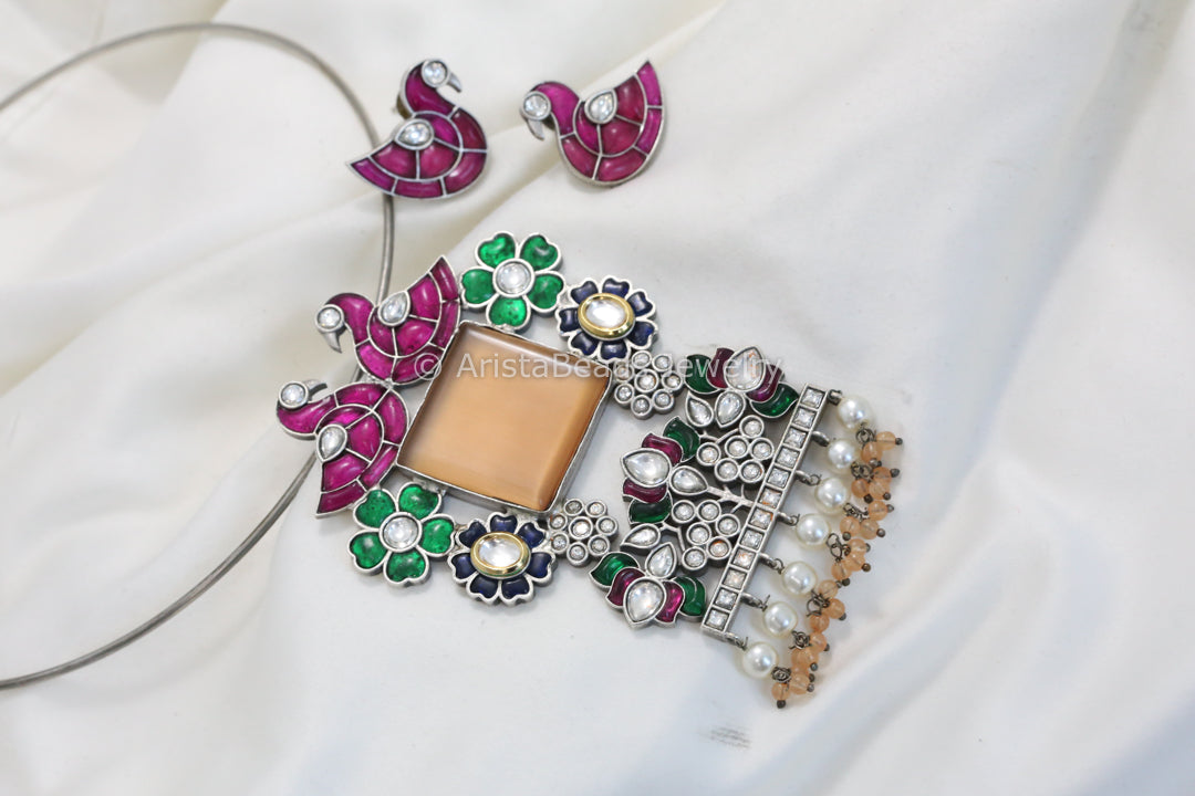 Orange Monalisa Stone Jadau Pendant Hasli Set