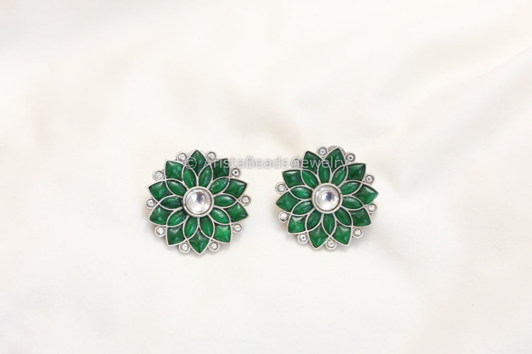 Jadau Kundan Silver Finish Studs - Green
