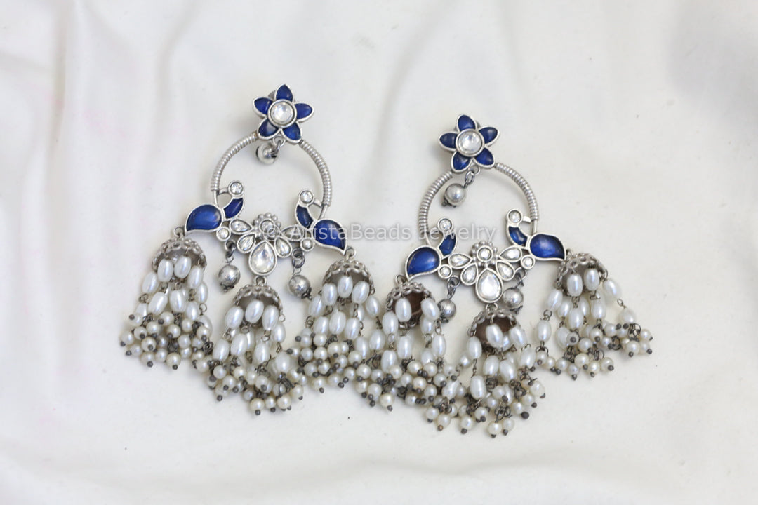 Long Silver Look Kundan Chandbaali Jhumka- Blue