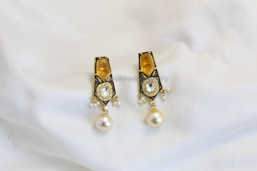 Yellow CZ Kundan Enamel Earrings