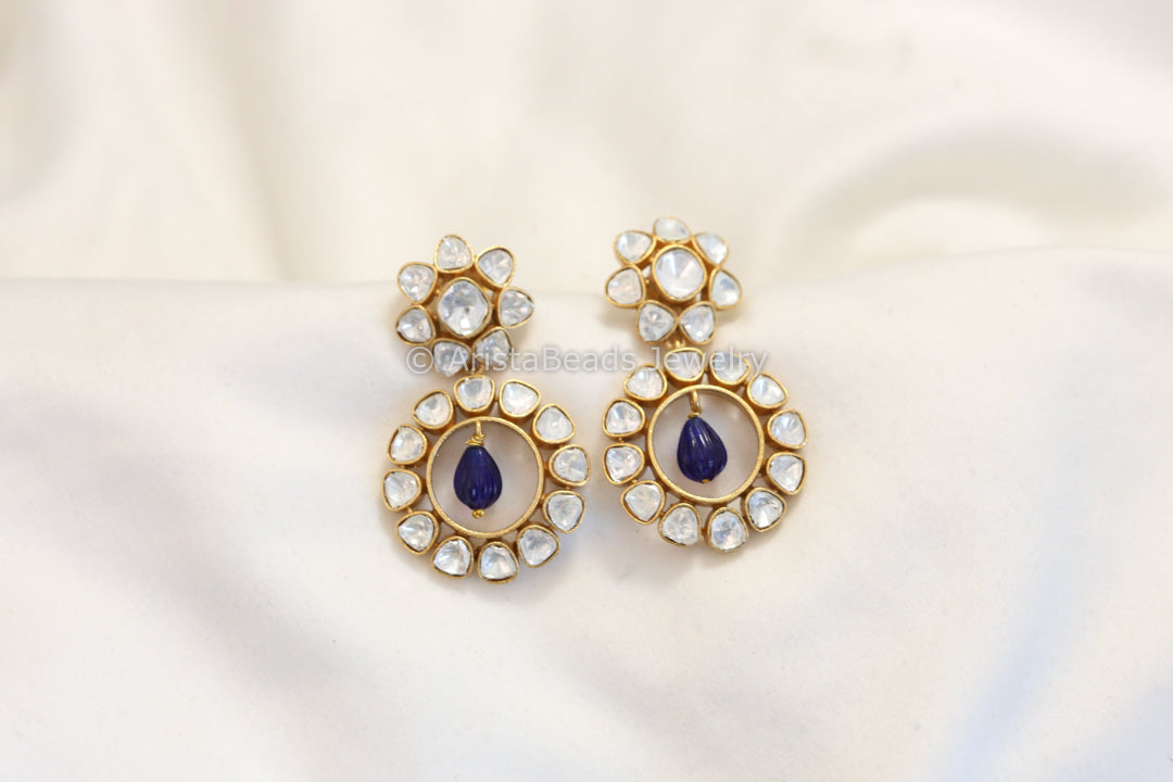 Kundan Polki Earrings - Blue Drops