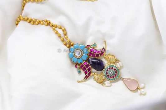 Jadau Fusion Pendant (Removable) Necklace - Amethyst & Rose Quartz