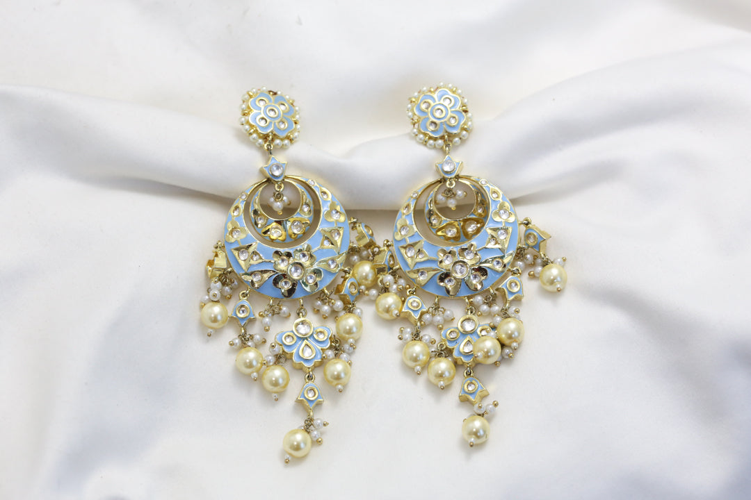 Jadau Polki Enamel Chandbaali -Powder Blue