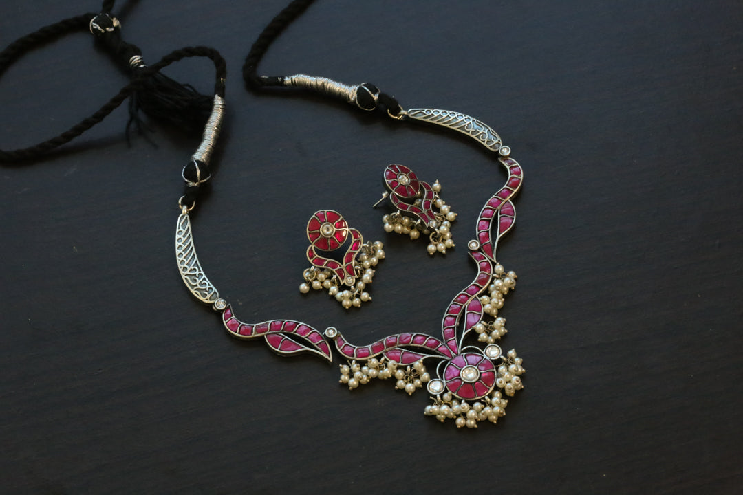 Jadau Kundan Oxidized Necklace Set - Ruby