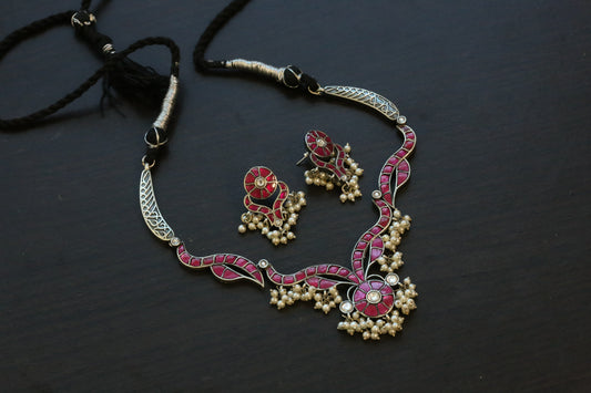 Jadau Kundan Oxidized Necklace Set - Ruby