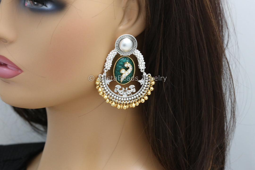 Dual Tone Carved Stone Earrings - Green