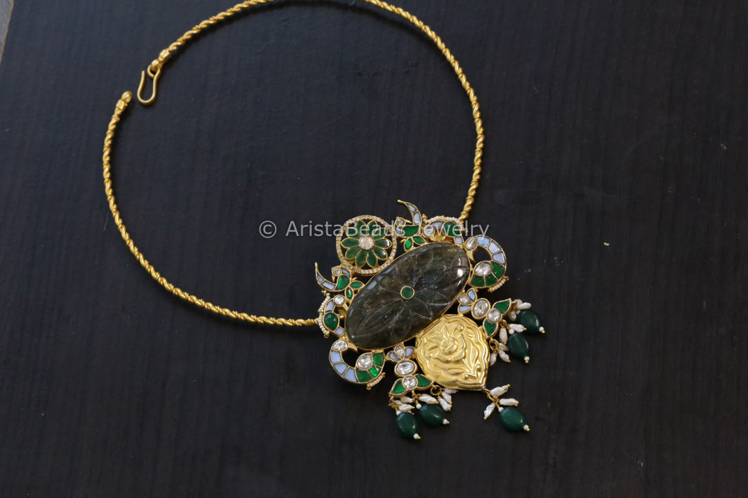 Labradorite & Kundan Hasli Necklace ( Removable)