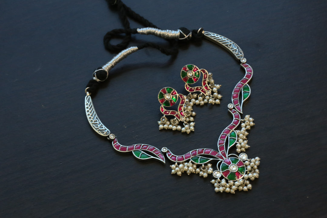 Jadau Kundan Oxidized Necklace Set - Ruby Green