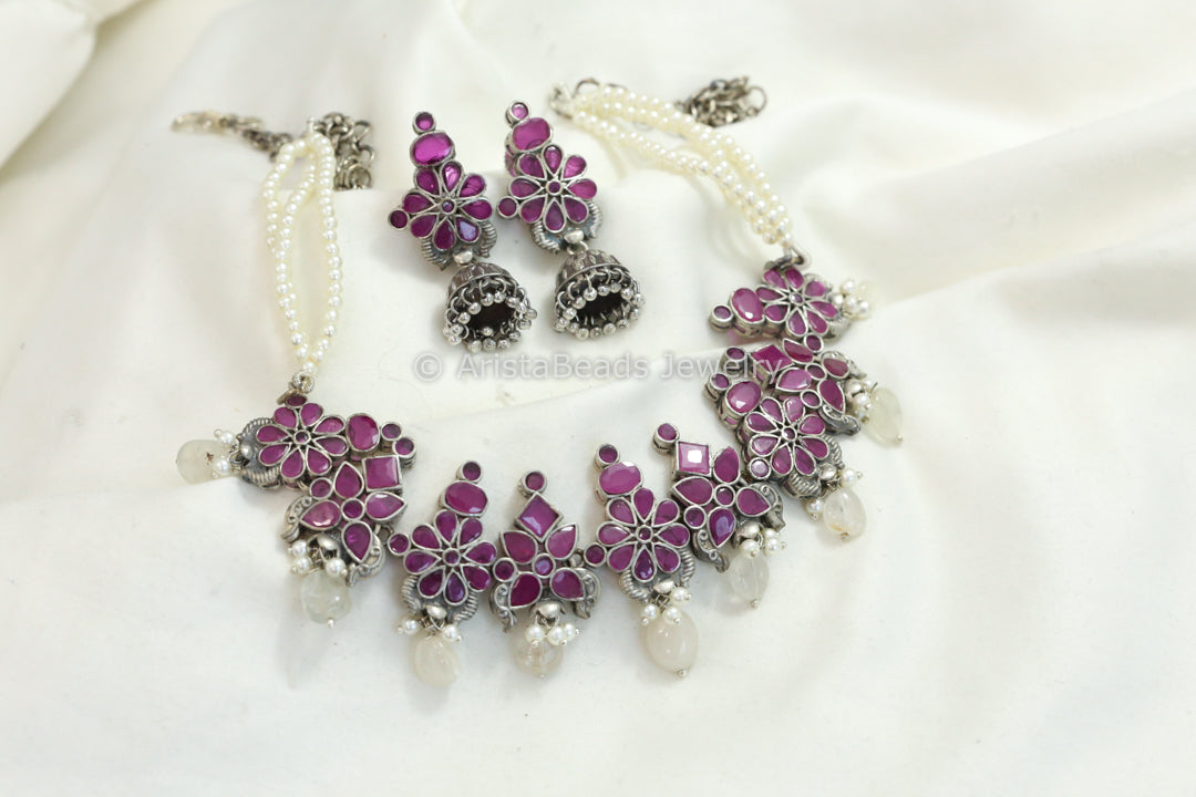 Sitara Silver Look Oxidized Necklace Set - Ruby
