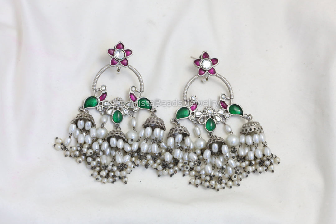 Long Silver Look Kundan Chandbaali Jhumka- Green Ruby