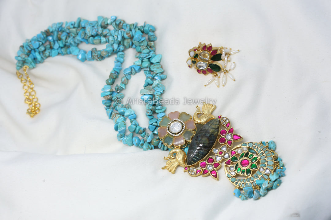 Jadau Fusion Pendant Necklace - Labradorite & Turquoise
