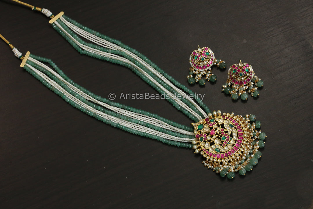 Royal Fine Pachi Kundan Long Necklace Set - Aventurine