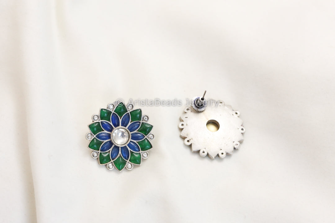 Jadau Kundan Silver Finish Studs - Green Blue