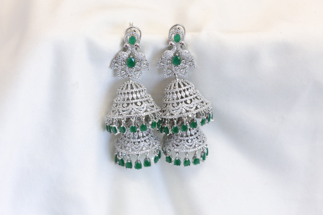 Silver Finish 2-Tier Jhumka -Emerald