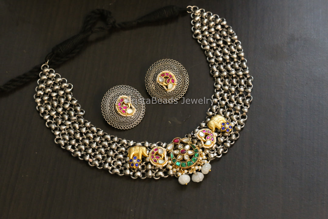 Silver Look Jadau Fusion Necklace Set - Stye 1