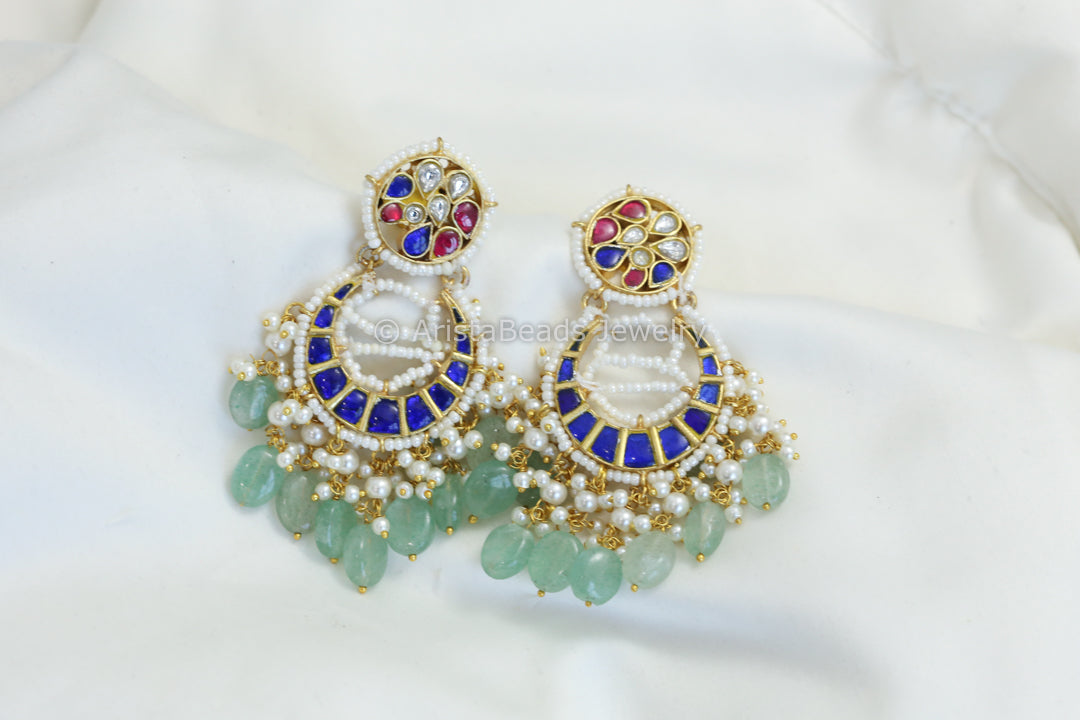 Pearl Piroyi Jadau Kundan Chandbaali - Blue