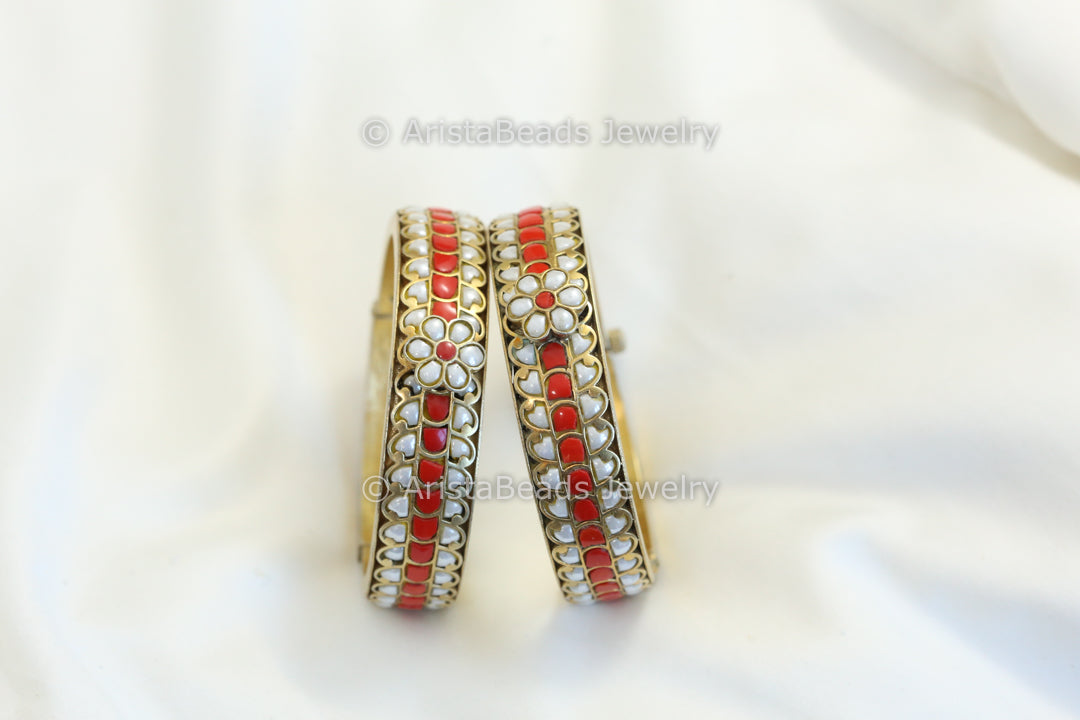 Antique Jadau Kundan Bangle Set (2.4 openable)- Pearl Coral