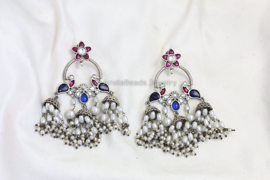 Long Silver Look Kundan Chandbaali Jhumka - Ruby Blue