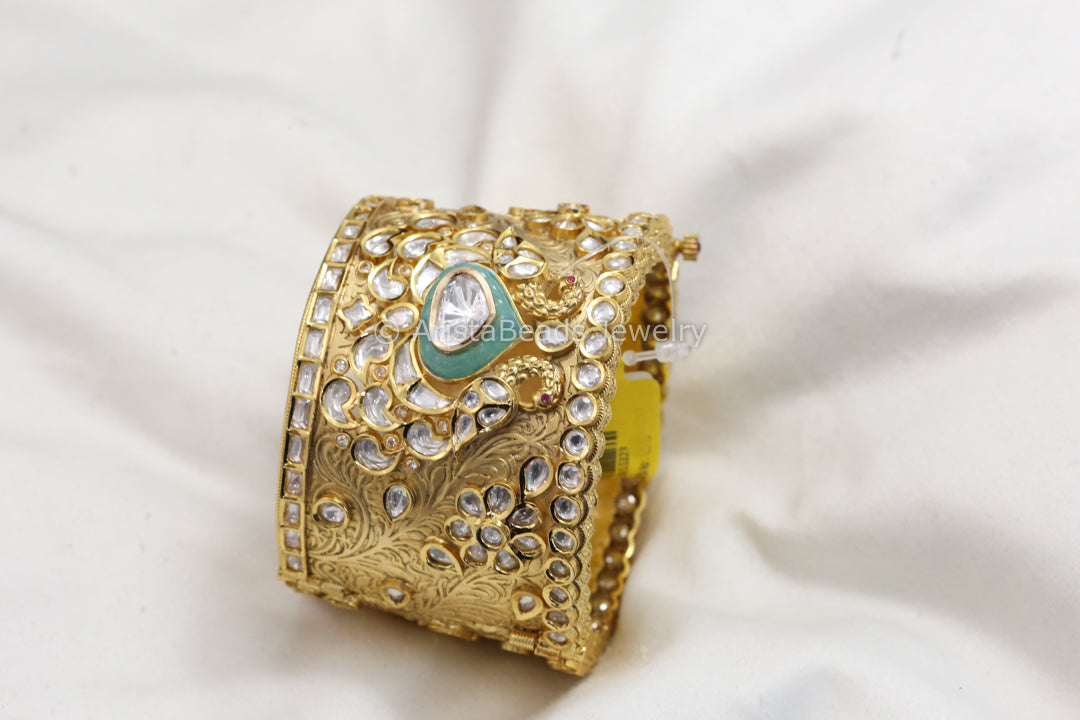 Premium Uncut Polki Kundan Wide Bangle (Aqua Pota)