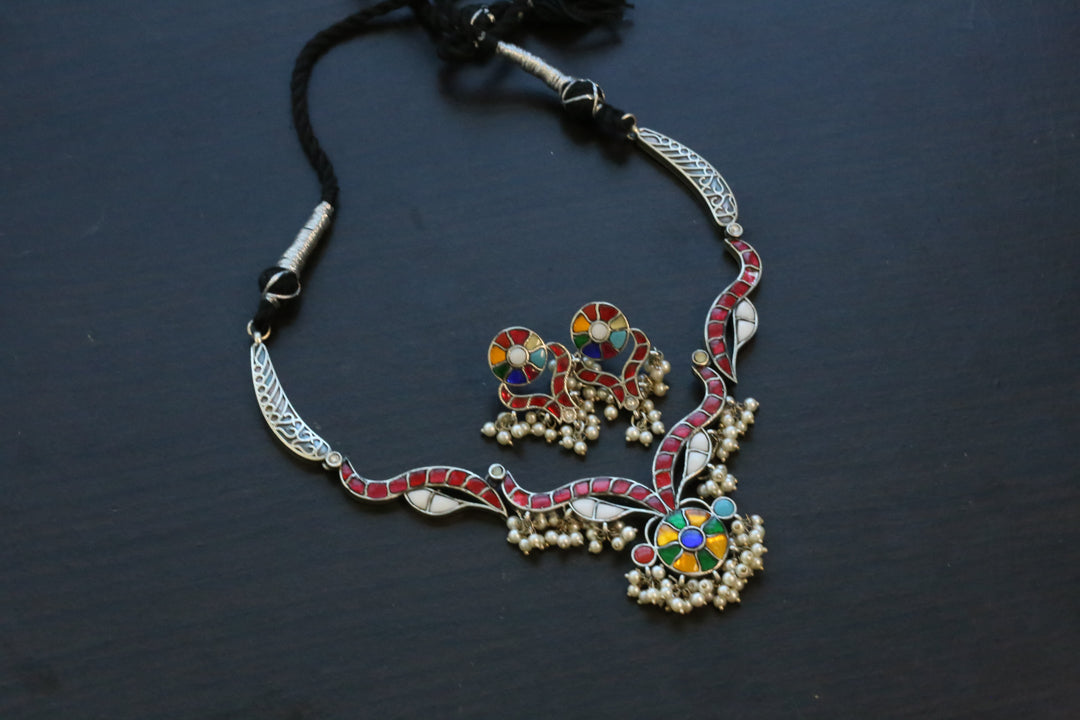 Jadau Kundan Oxidized Necklace Set - Multi