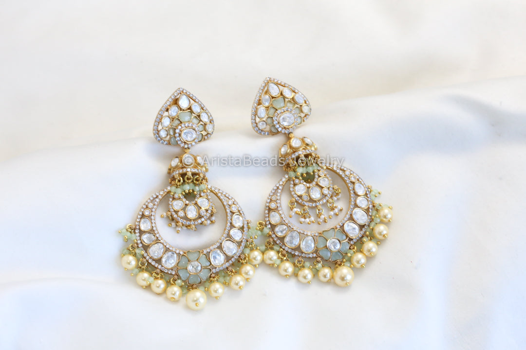 Real Moissanite Mint Kundan Jadau Earrings