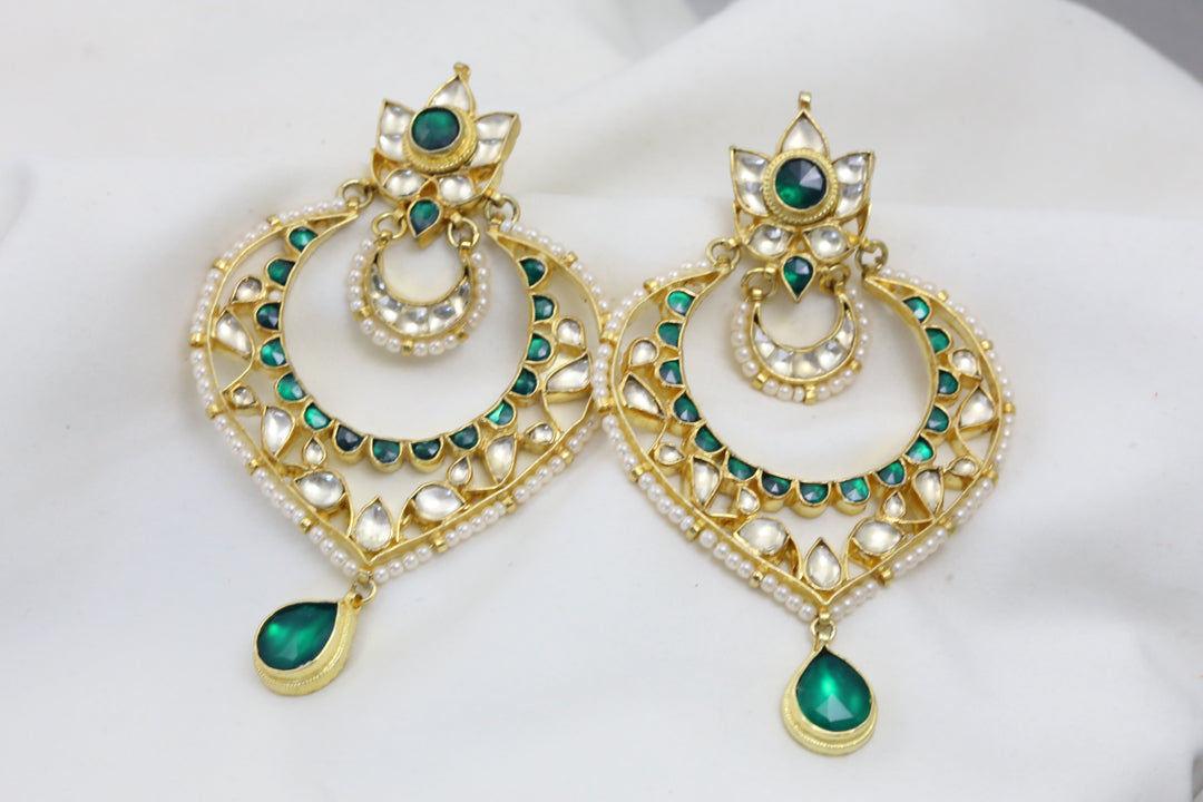 Large Pachi Kundan Chandbaali - Green
