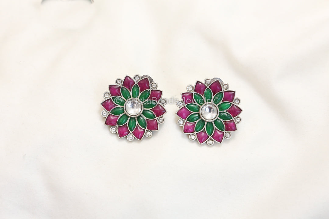 Jadau Kundan Silver Finish Studs - Green Ruby