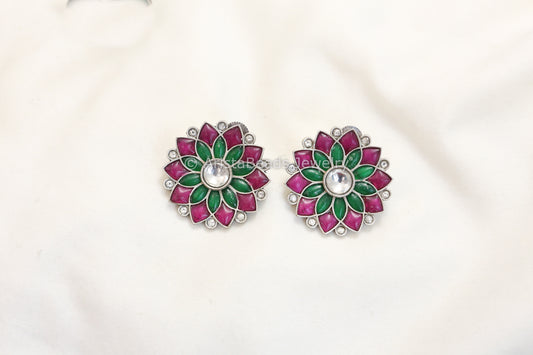 Jadau Kundan Silver Finish Studs - Green Ruby