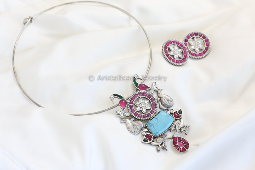 Silver Finish Jadau Look Hasli Set - Turquoise