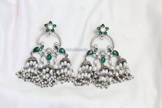Long Silver Look Kundan Chandbaali Jhumka- Green