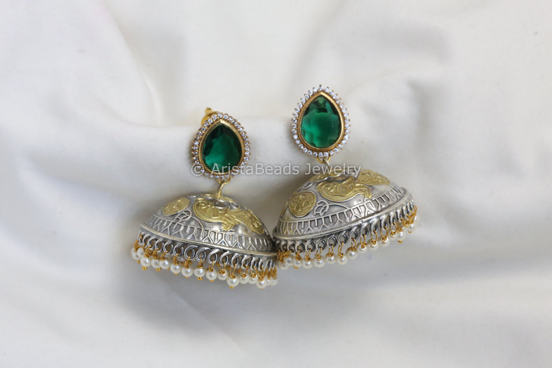 CZ Stud Dual Tone Jhumka -Green
