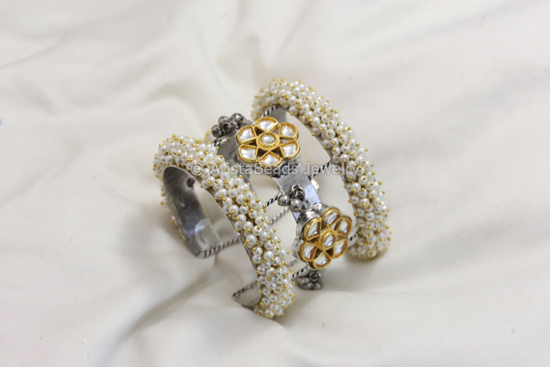 Dual Tone Kundan Wide Bangle ( Adjustable)