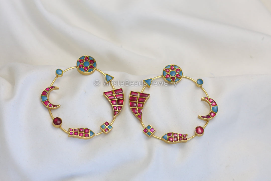 Contemporary Jadau Kundan Chandbaali -Turquoise
