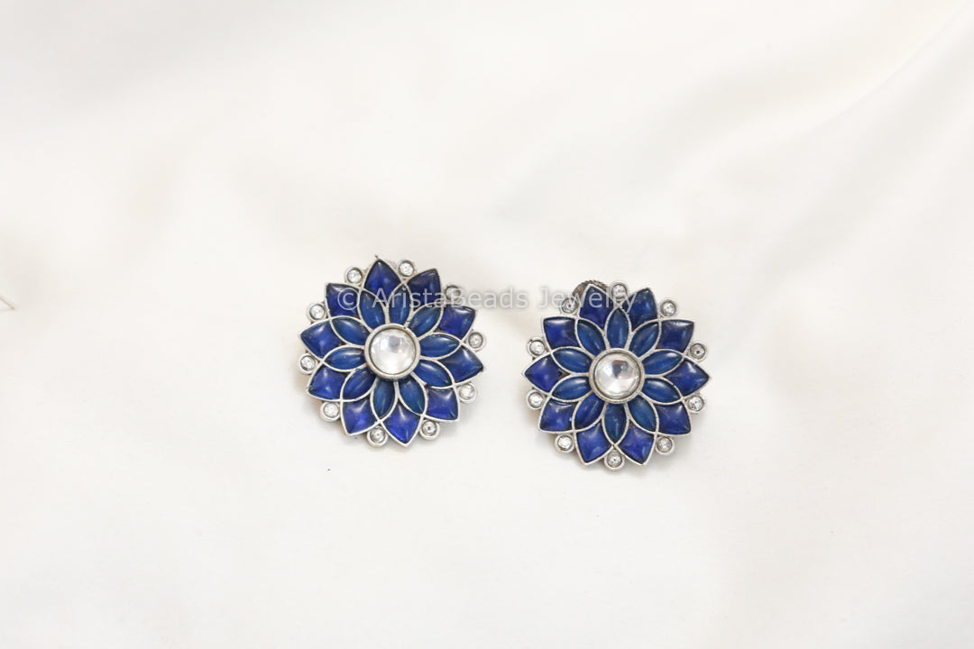Jadau Kundan Silver Finish Studs - Blue