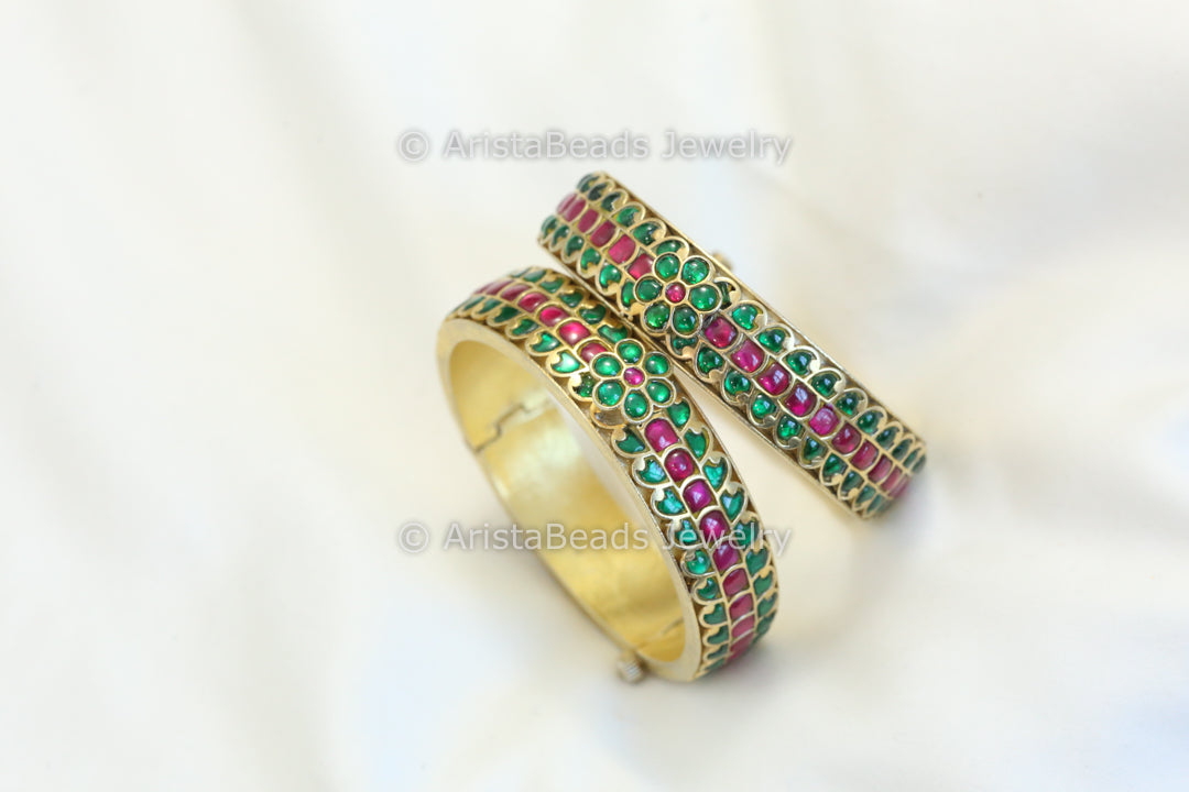 Antique Jadau Kundan Bangle Set (2.4 openable)- Green Red