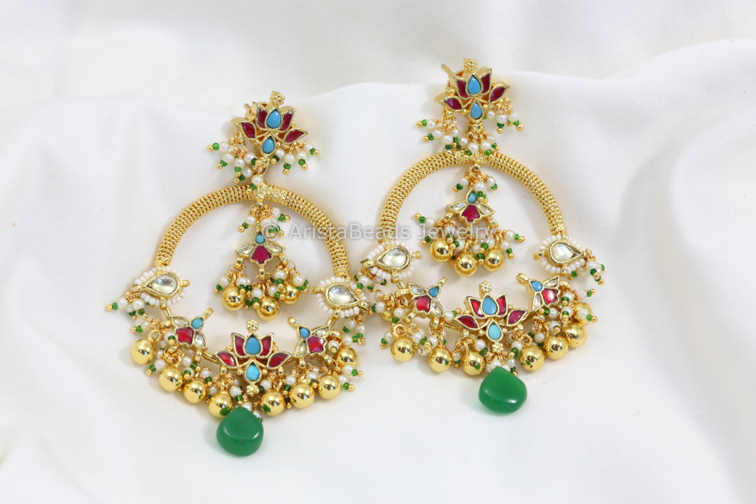 Fine Pachi Kundan Chandbaali - Turquoise